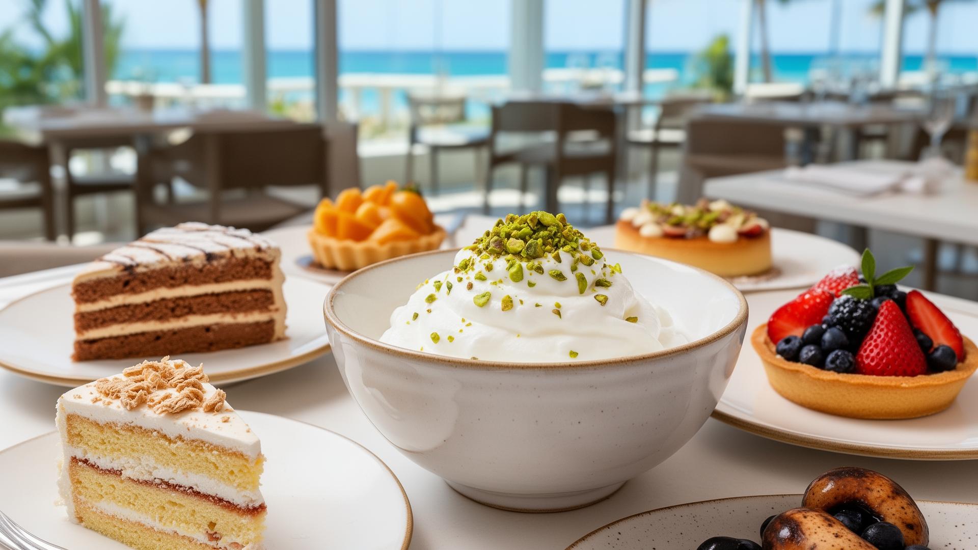 Mesa editorial con postres premium y yogurt griego helado en Cancún